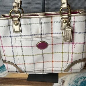 Coach Multicolor Plaid Tote with Gold Accents